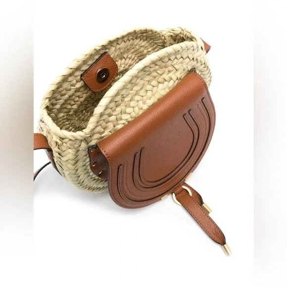 Chloe Marcie Woven Palm Round Crossbody Bag (Tan)